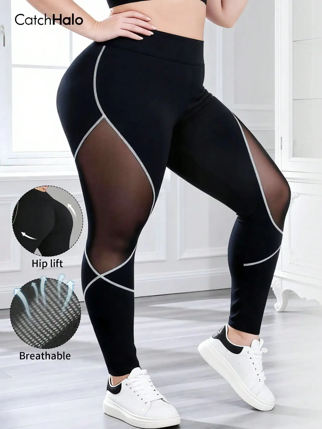Plus Size Women Mesh Patchwork Yoga Leggings Black High Waist Tummy Control Contrast Binding Breathable Gym Workout Tights 3