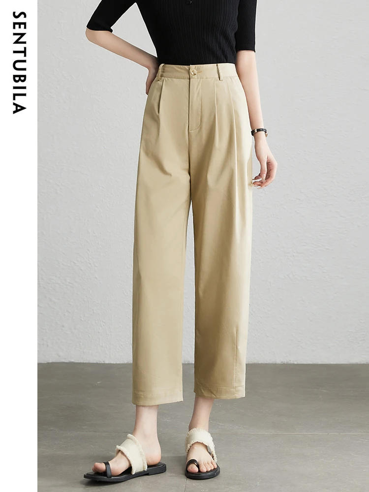 SENTUBILA Lyocell Cotton Blend Women Cropped Pants 2024 Summer Simple Elastic Waist Ankle-length Haren Pants Womens Trousers