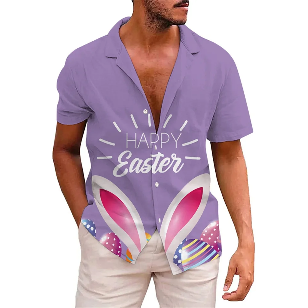 Happy Easter Day Kawaii Men Cartoon Rabbit Hawaiian Shirts 3D Printed Beach Shirt Women Clothe Kids Colored Egg Shirt Button Top 4