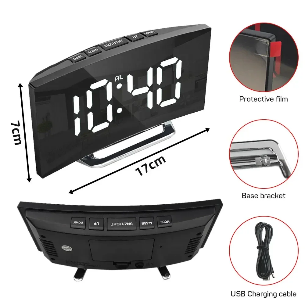Curved Screen Clock Digital Led Alarm Clock with Temperature Display Large Mirror Clock Snooze Bedside Table Clock Room Decor 6
