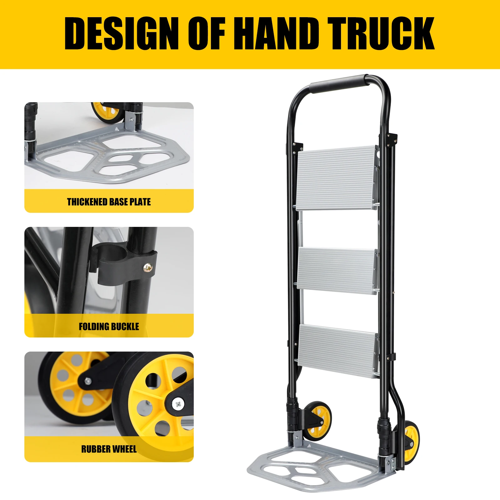 POWSTR Folding Sack Truck & 3/2 Step Ladder 2 in 1 Aluminum Sack Trolley with Foldable Wheels for Moving Luggages