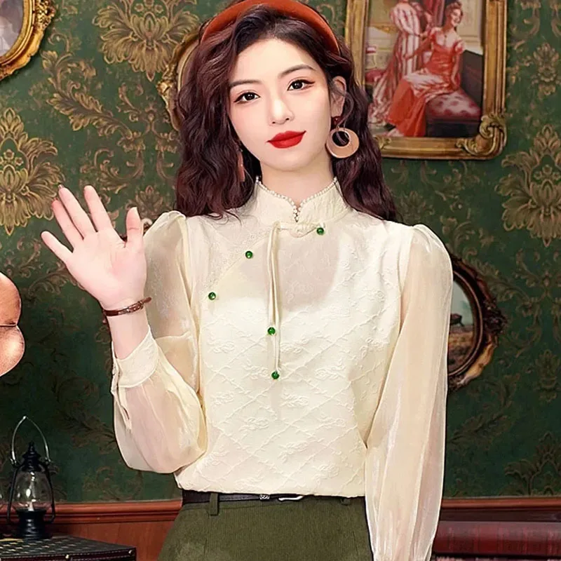 

New Fashion Chinese Style Stand Collar Women Blouse Shirt Tops Blusas Mujer De Moda 2024 Long Sleeve Apricot Blouse Women H520