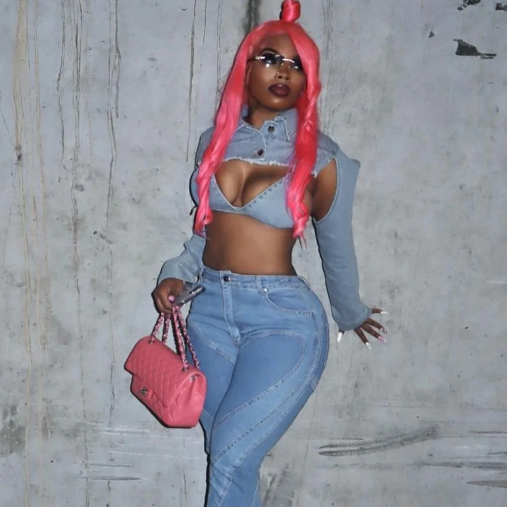 

Женская джинсовая куртка, женская одежда, Новинка весна-лето 2023, уличная одежда для девушек Y2k, индивидуальная нагрудная одежда из двух частей, сексуальная Deni