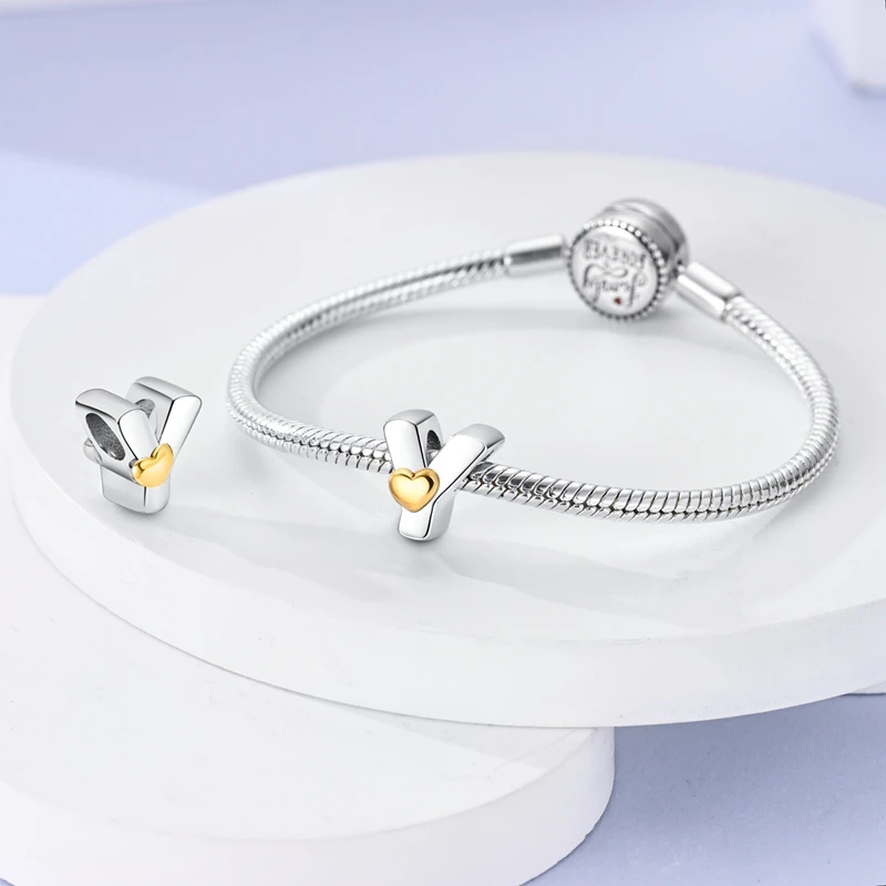 Neue Charms-Perlen aus 925er-Sterlingsilber, klassisches goldenes Herz, 26 Buchstaben, passend für Qikaola-Armbänder, glücklicher Geburtstag, DIY-Schmuck – Detail 36