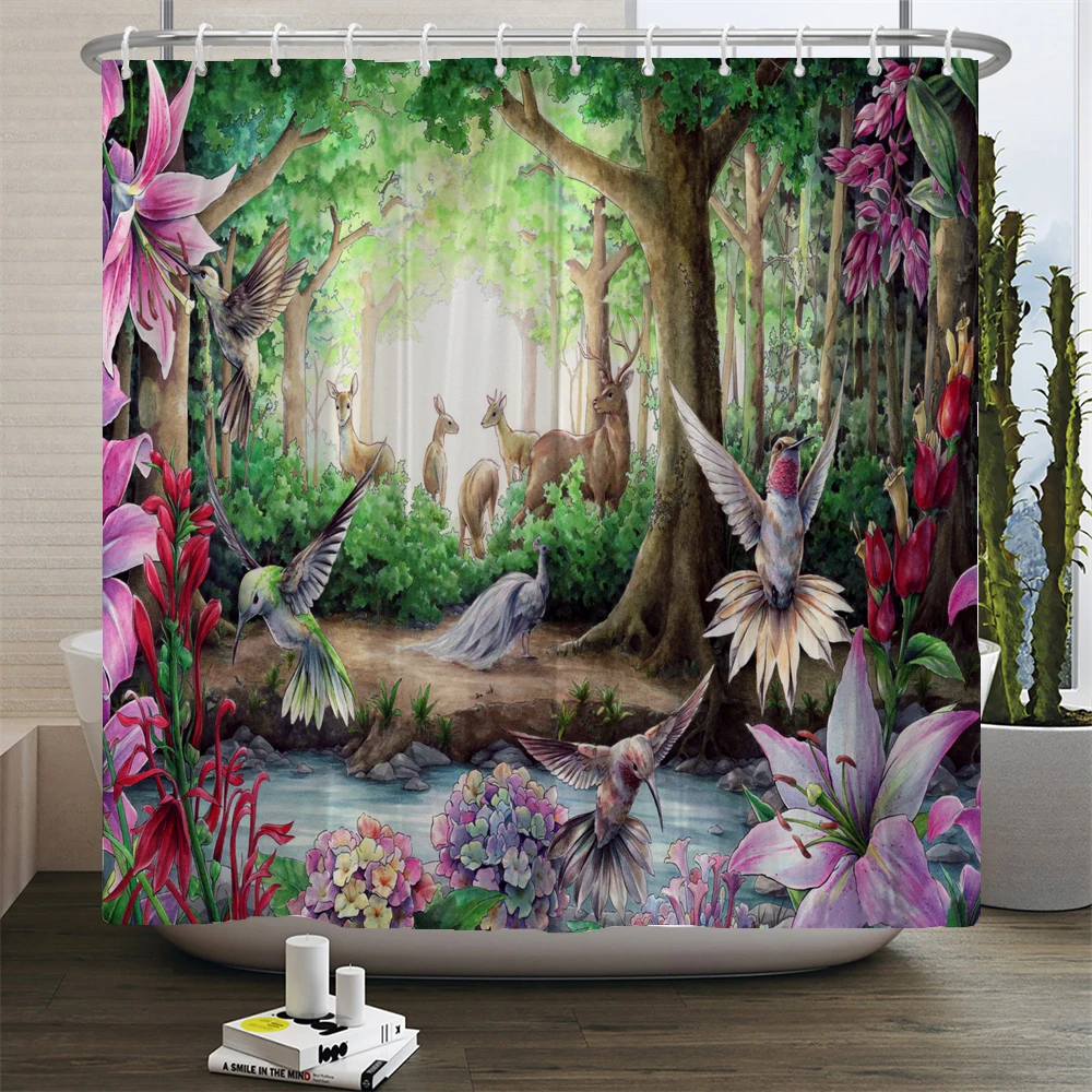 

Forest Flower and Bird Animals Shower Curtain Cartoon Waterproof Polyester Creative Personality Home Decor Bathroom Curtains