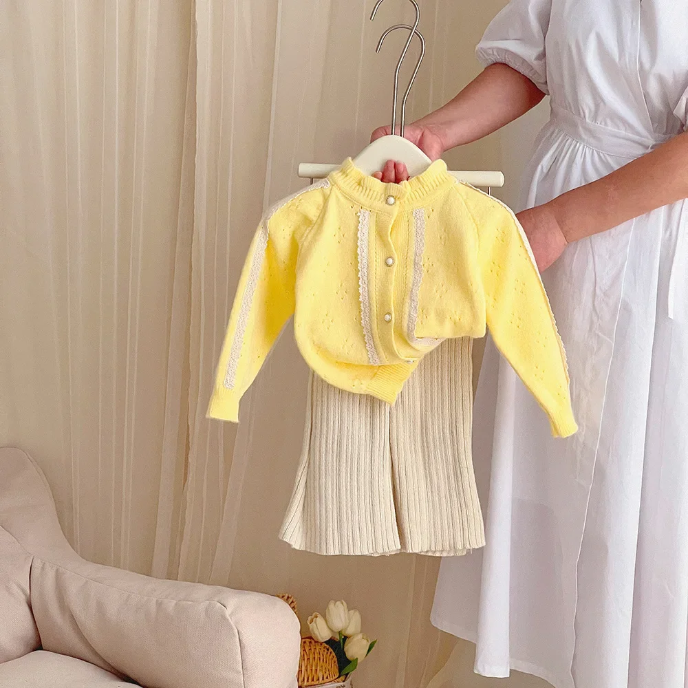 

Однотонный трикотажный кардиган для девочек, однобортный свободный свитер с круглым вырезом и широкими штанинами, осень 2023