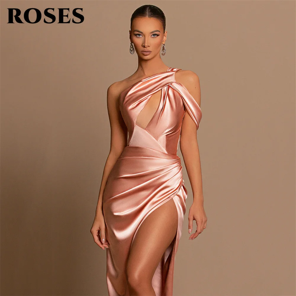 ROSES Amazing-vestido de noche con corte de sirena, vestido Formal de satén con un hombro, largo hasta el suelo, con abertura