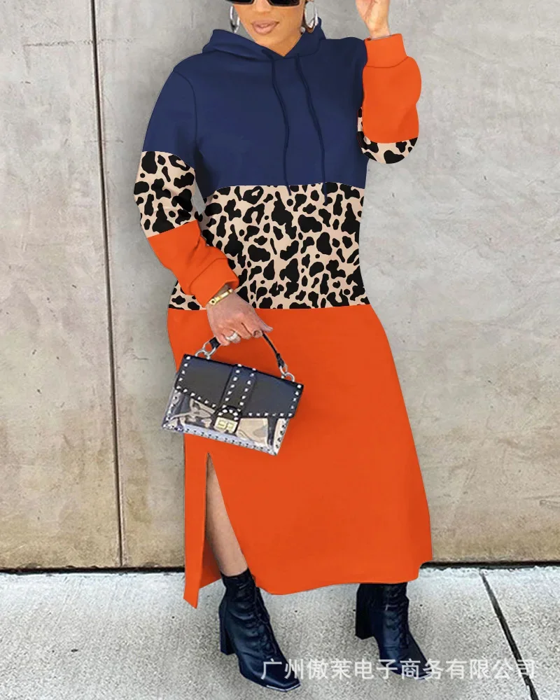 

Women Hoodies Dresses Long Sleeve Hooded Patchwork Sweatshirts Dress High Street Loose Vestidos Draw String Autumn 2023
