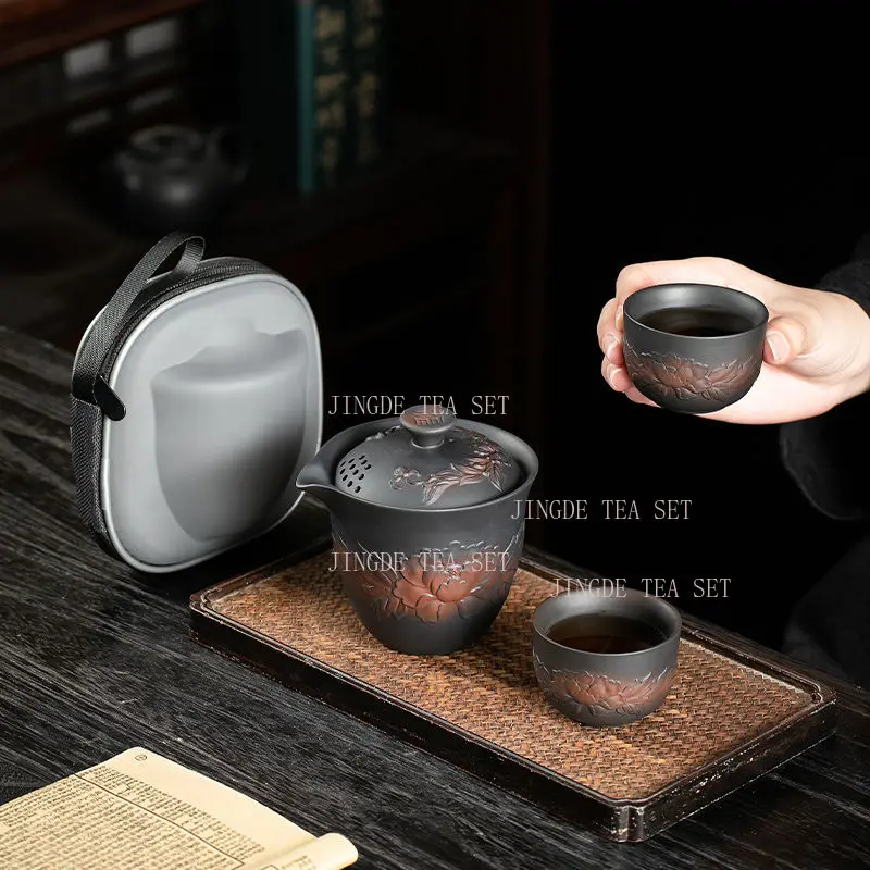 1 set of purple pottery covered bowl teapot, household ceramic large capacity carved tea set, tea brewing set