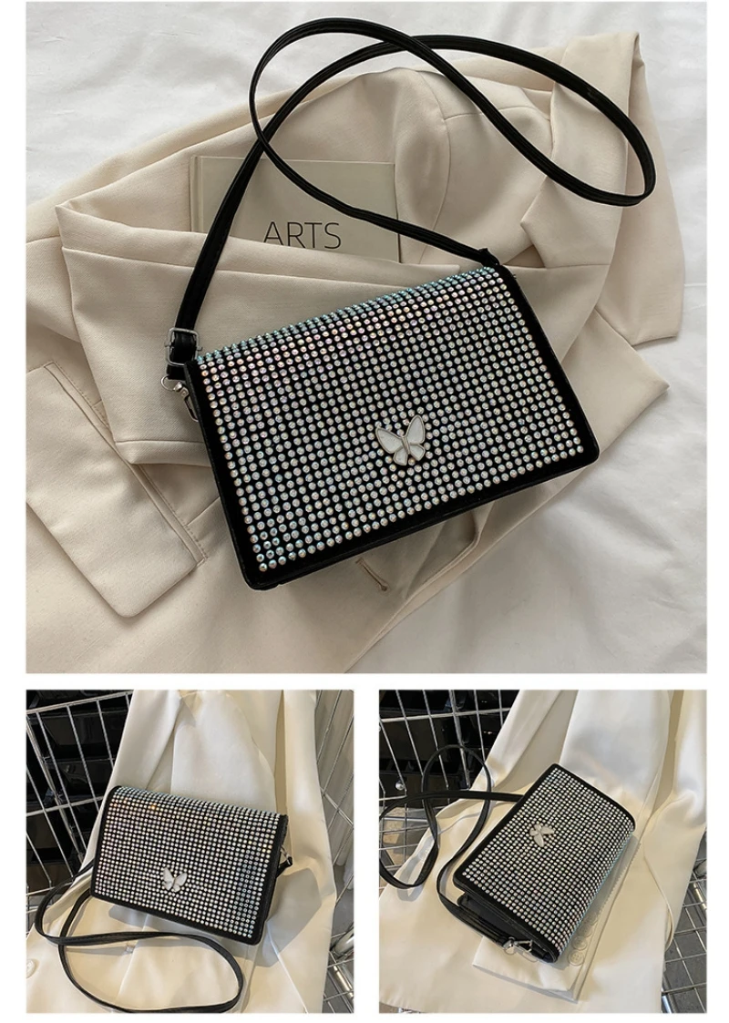 Black Shoulder Bag Shiny Fashionable Rhinestone Women's Bag Flip Bag Single Shoulder Crossbody High Quality Square Bag