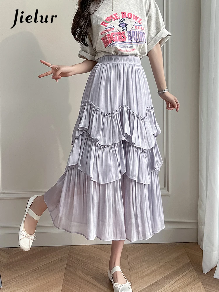 

Jielur Юбка Женская однотонная с оборками, милая повседневная юбка средней длины, в Корейском стиле, лето