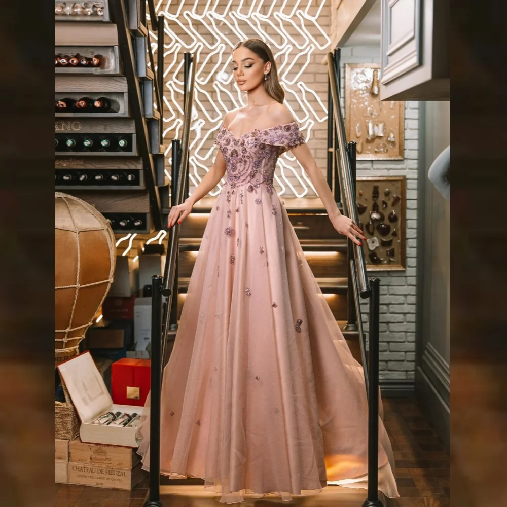 Evening Tulle Sequined Flower Beading Ruched Evening A-line Off-the-shoulder Bespoke Occasion Gown Midi Dresses
