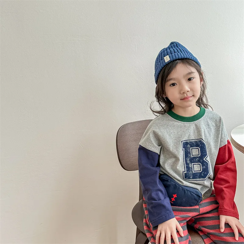Deer jonmi 2025 새 봄 어린이 편지 인쇄 티셔츠 패치 워크 슬리브 한국 스타일 Baby Boys Girls 캐주얼상의