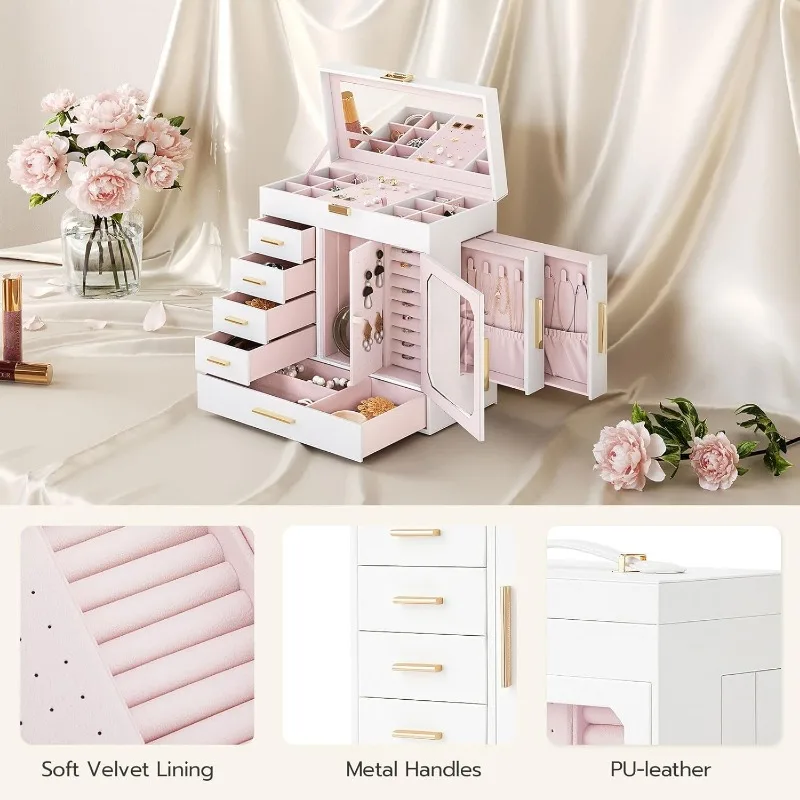 Jewelry Box with Mirror – Large-Capacity Jewelry Organizer Case with Multiple Compartme... - SKU JBM08158 - UGI Packaging