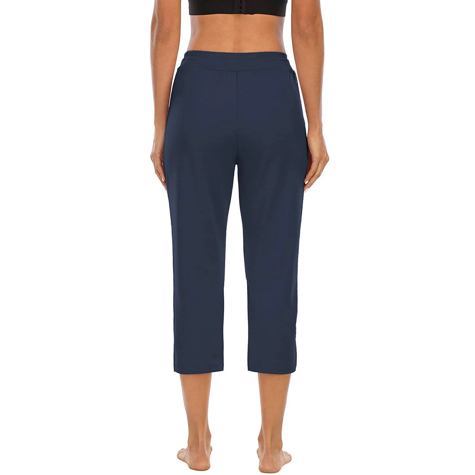 Women's Solid Color Pocket High Waist Sports Fitness Yoga Wide Leg Capri Pants