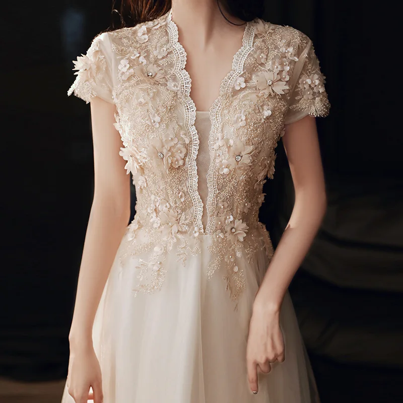 

Elegant Lace Edge V-Neck Evening Dress Exquisite 3D Applique Short Sleeve Formal Gown Sexy Backless Lace up Wedding Party Vesido