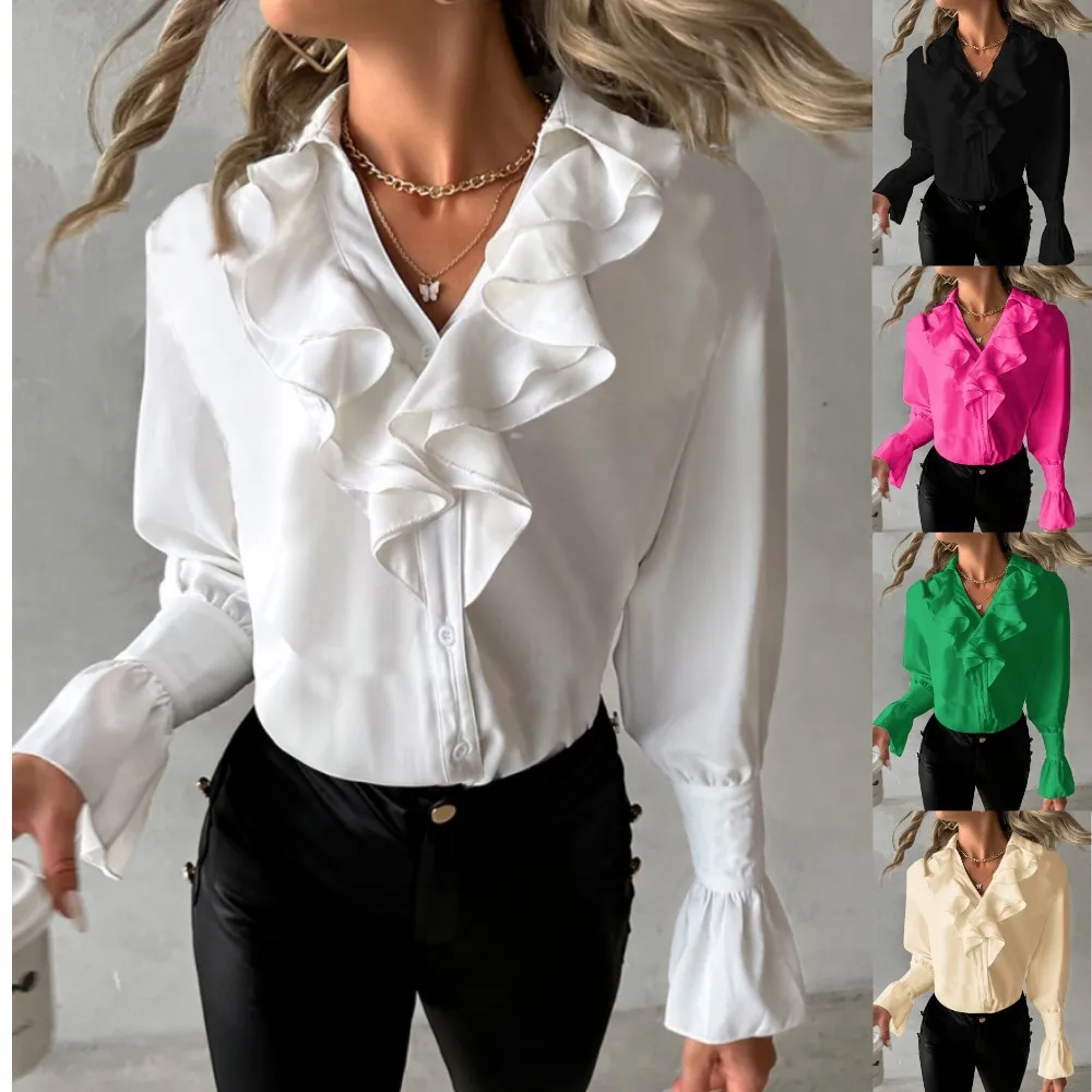 

Autumn Women's Shirts Elegant Fashion Ruffles Causal Loose Lace Long-sleeved V-neck Solid Colour New Female Top Shirt