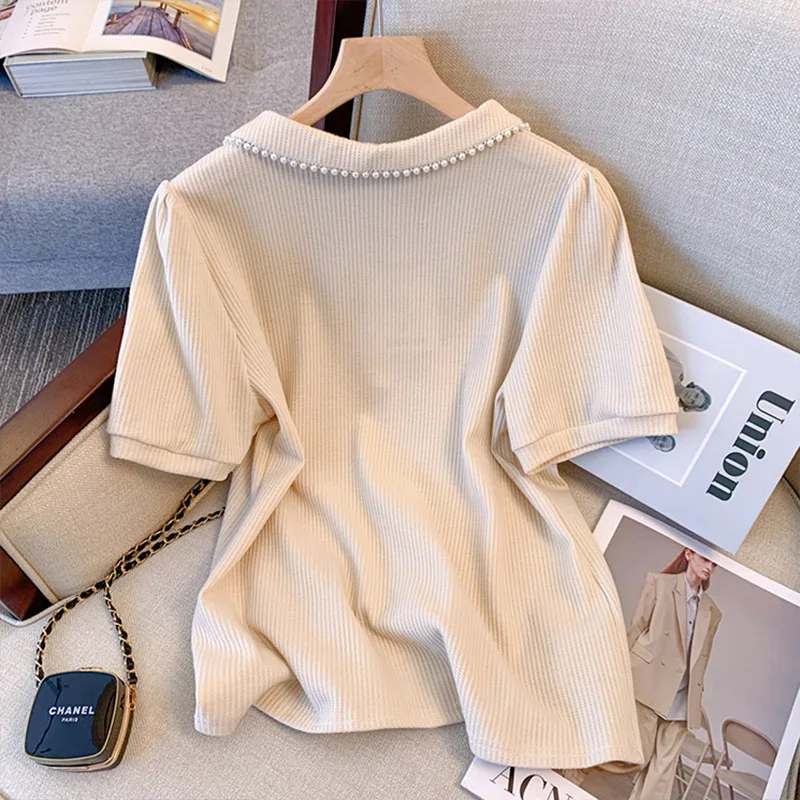 Large Size Doll Collar Nail Bead Short Sleeves T-shirt Summer New Casual Loose Slimming Versatile Tops Fashion Clothes for Women