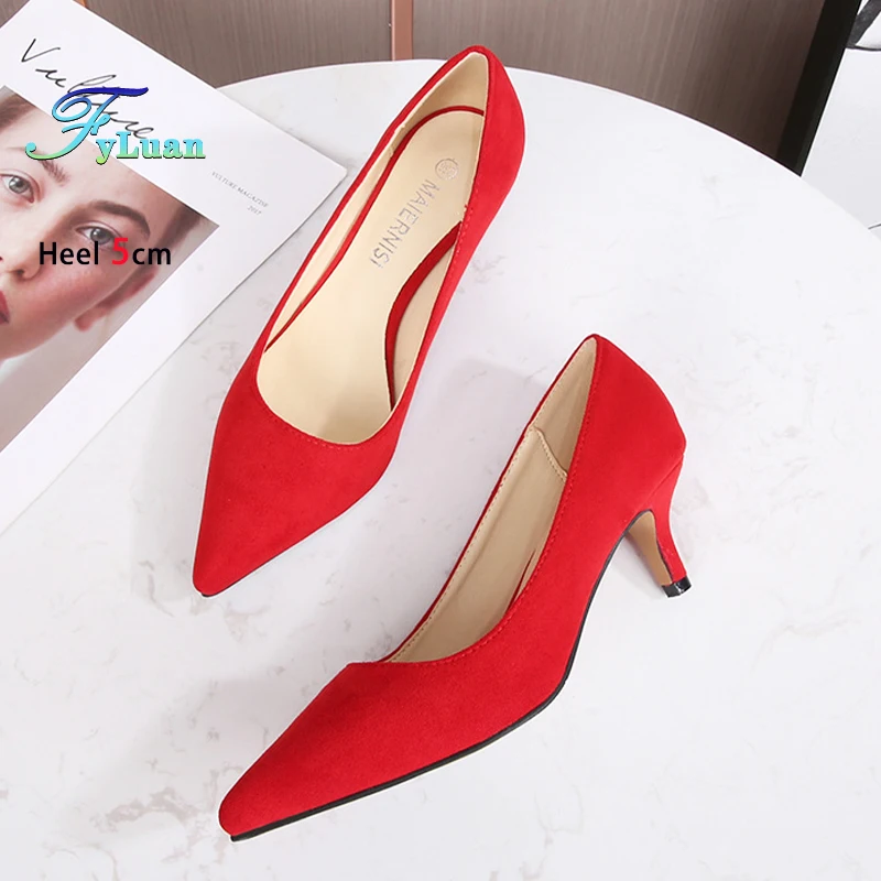 Comfort 5CM Thin High Heels Office Pointed Red Single Shoes Outdoor Walking Daily Women's Shoes Plus Size 46 Woman Suede Pumps 4