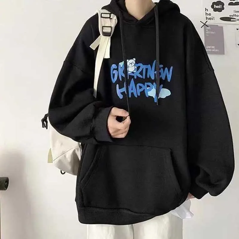 Fashion Loose Printed Letter Lace Up Hoodies Sweatshirts Men's Clothing 2024 Spring New Oversized Korean Tops Casual Sweatshirts
