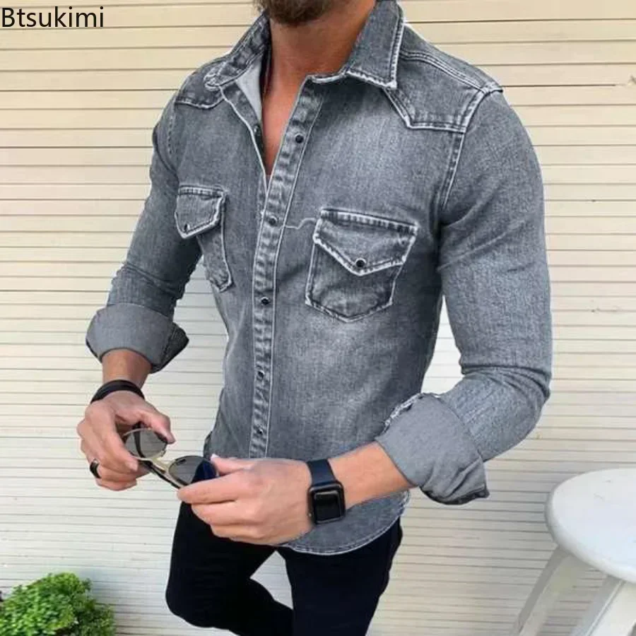 Denim Shirt New Spring Autumn Mens Long Sleeve Denim Shirts for Men Cotton Two Pockets Slim Elastic Chemise Homme denim shirt,long sleeved shirt