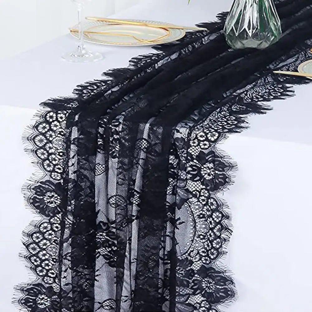 

Floral Lace Table Runner French Sheer White Black Tulle Rectangle Wedding Bridal Shower Party Dining Table Cover Kitchen Supply