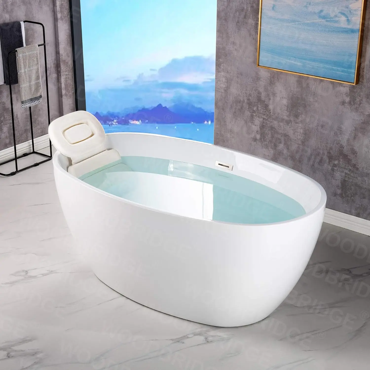 55 inch Acrylic Freestanding Bathtub Contemporary Soaking White Tub with Brushed Nickle Overflow and Drain DURABLE 3