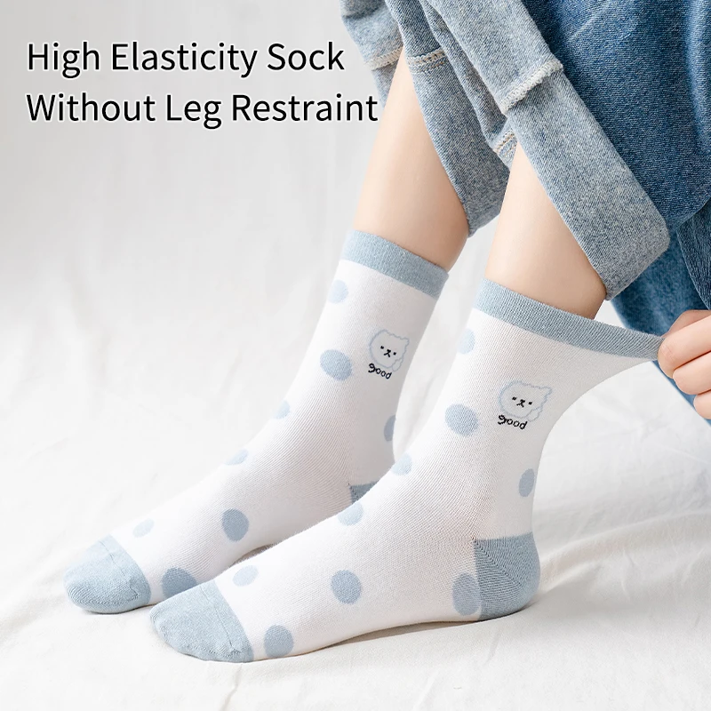 5-Pair Women's Four Seasons Cartoon Cute Little Bear Letter Slogan Transparent College Style Comfortable Breathable Middle Socks 3
