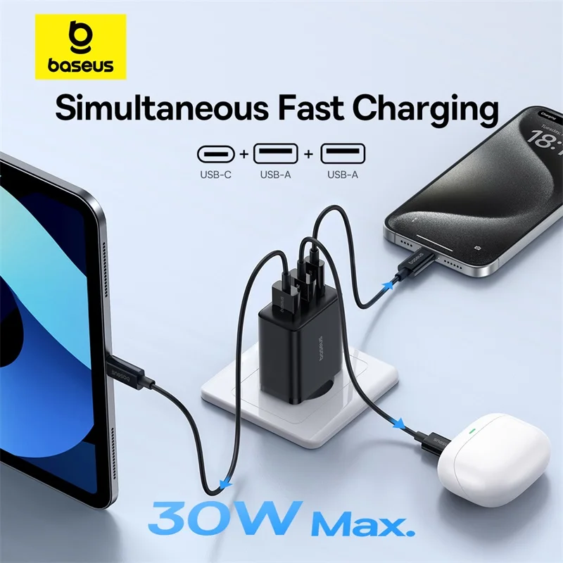 Baseus 30W USB Charger QC3.0 PD3.0 Type C PD Fast Charging 3 Ports Quick Phone Charger For iPhone 15 14 13Pro Max Xiaomi Samsung Best Sellers In Phones Accessories