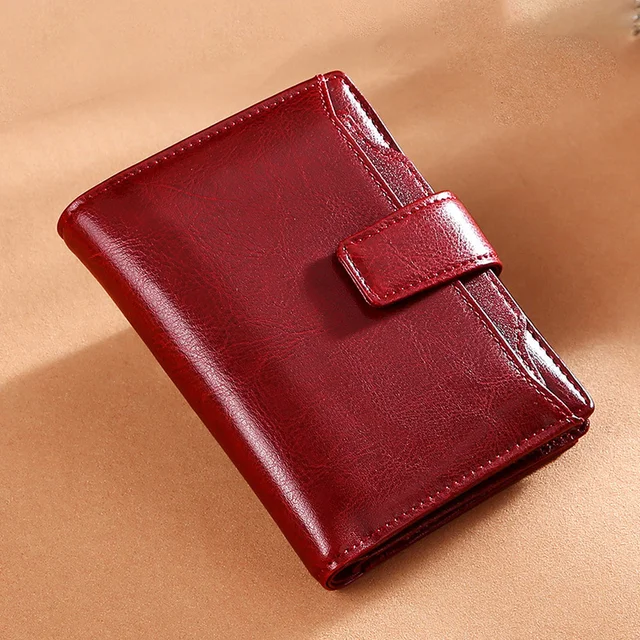 Women Wallet Genuine Leather Retro Oil Wax Cowhide Fashion Girls Wallet Short Zipper Cute Small Coin Purse for Women Red