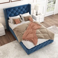 Кровать с мягкой обивкой 90*200см, решетчатым каркасом и изголовьем, обивка на пуговицах, обивка с шипами, деревянными ножками, бархат, синий — изображение 6