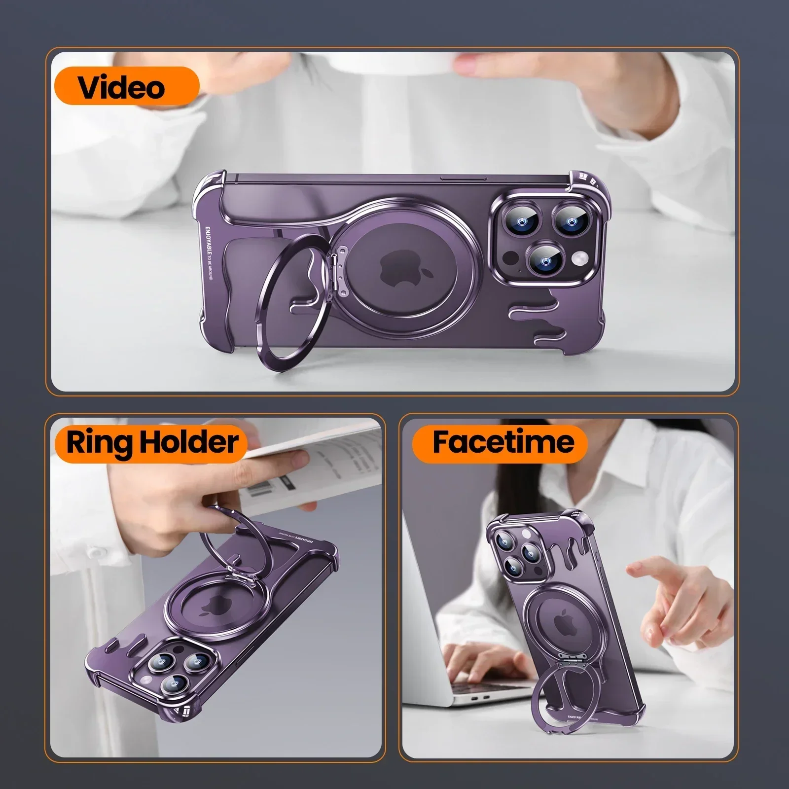 Eary Metal Phone Case for iPhone 16 Pro Max/Plus/15/14 with Magsafe Kickstand 360°Rotatable Magnetic Framless Phone Cover Shells