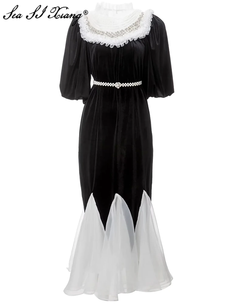 

Seasixiang Fashion Designer Autumn Velvet Mermaid Dress Women Stand Collar Puff Sleeve Beading Crystal Patchwork Vintage Dresses