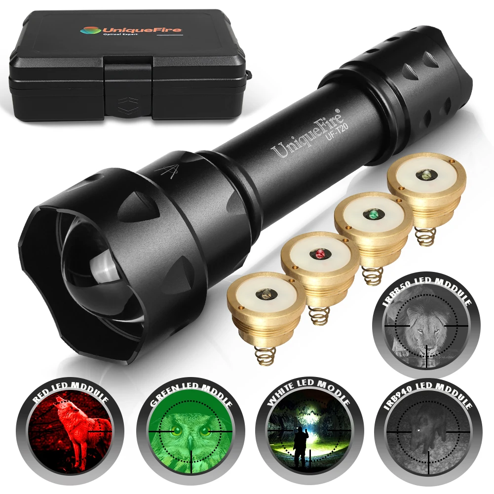 

Светодиодный тактический фонарь UniqueFire T20 IR940NM IR850NM + красный, зеленый, белый светильник вой модуль ночного видения, фонарь, Охотничий комплект