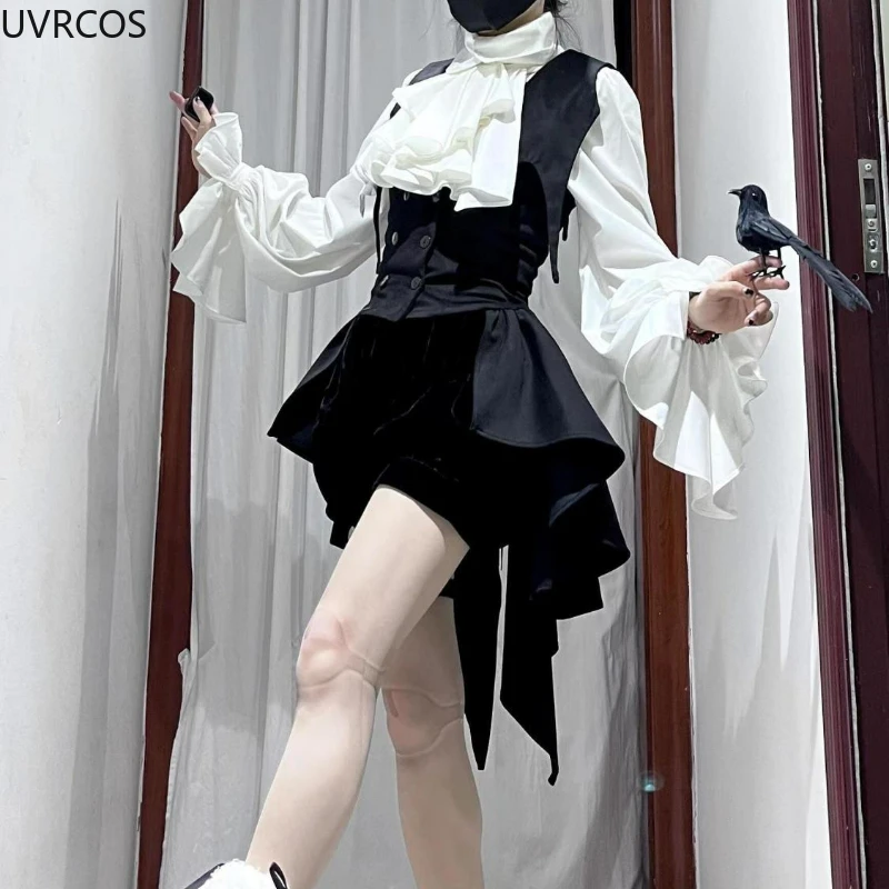 Halloween Sweet Y2k Style Lolita 3 Piece Sets Women Chic White Bow Shirts Strap Skirt Mini Pants Dark Gothic Lolita Suit Winter 4