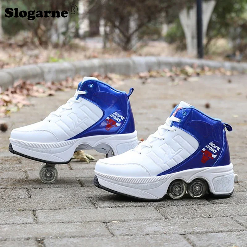 

Boy's Roller Skates Students Four Wheels Skate Shoes Double Rows Parkour Sport Roller Men Inline Skates High Top Casual Sneakers