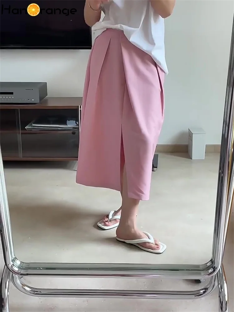 HanOrange 2024 Summer Pleated Front Split Skirt Loose Straight Casual Midi Skirt Women Vintage Clothes Casual Black/pink 1189p loose bear pink 65 см selay toy