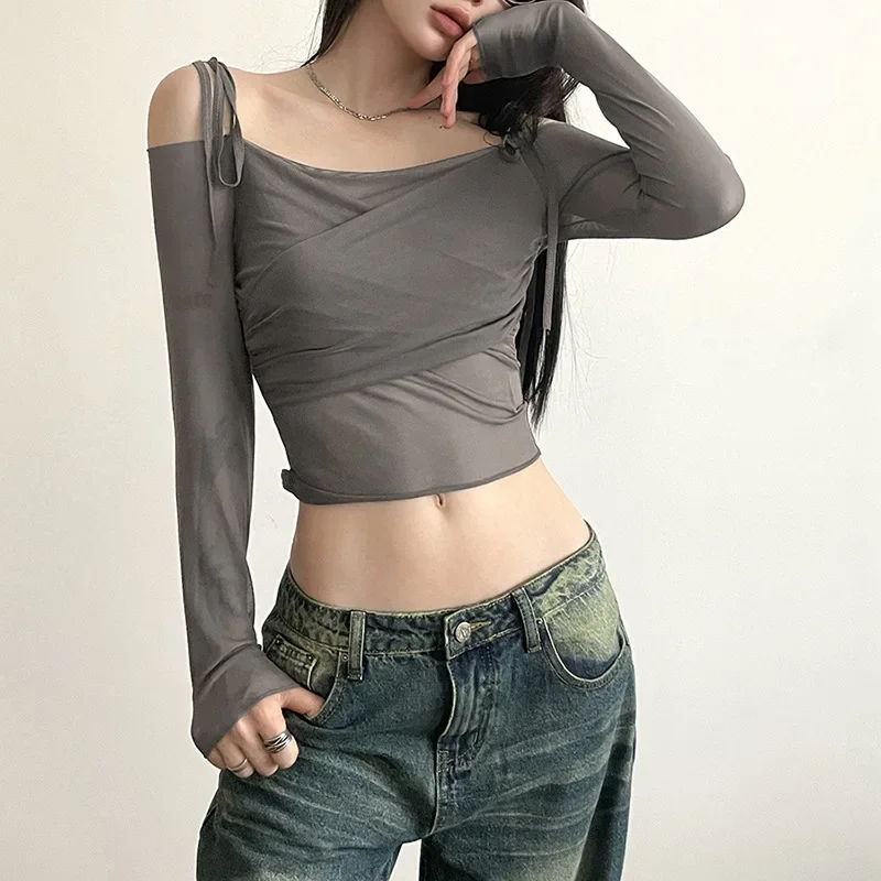 

High Street Elegant Elegant Pulling Sister Off Shoulder Elastic Mesh Slim Fit Design Sense Lace Up T-shirt Fashion Perspective