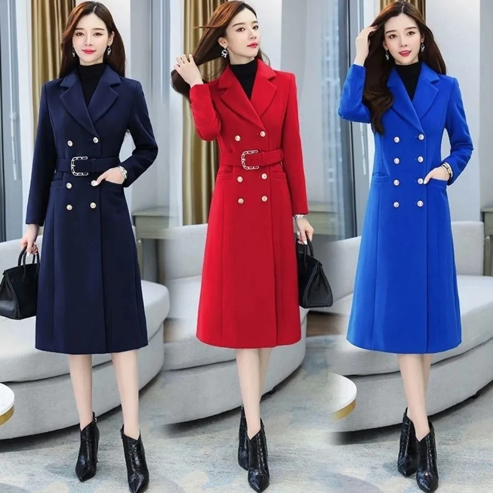 Woolen Coat Ladies Temperament Long 2024 Autumn And Winter Fashion Belt Atmospheric Design Sense Slim Knee Warm Coat Female Tide