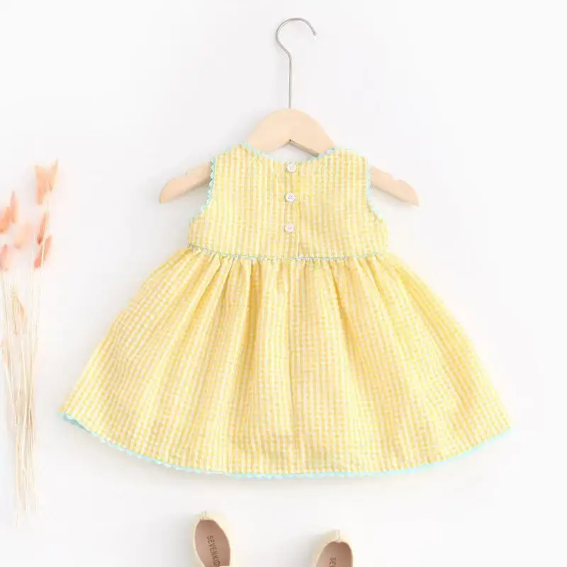 2026 Summer Baby Girl Sleeveless Dress Cute Bunny Duck Embroidery Gingham Princess Dress 0-4Y Girls Soft Casual Party Dress 2