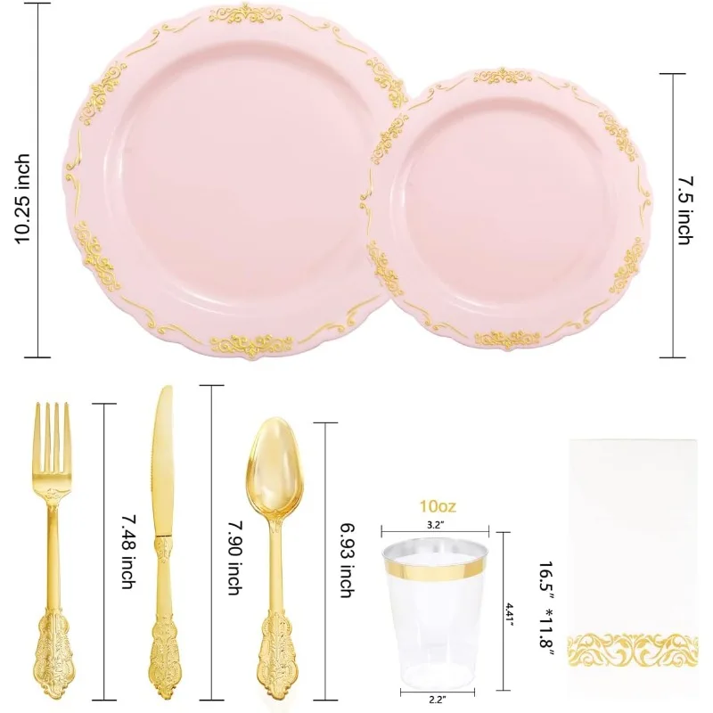 Pink and Gold Plastic Plates and Cups 210 Gold Rimmed Dessert Plates/Salad Plates