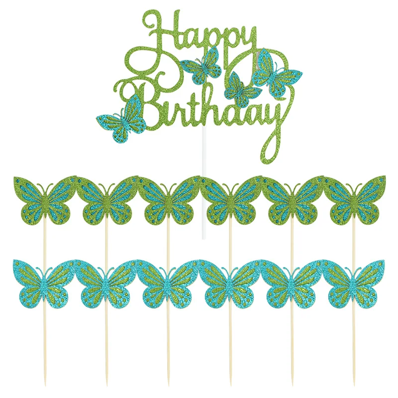 

13PCS Stamping Gold Colorful Butterfly Cake Toppers Girl Wedding Happy Birthday Dessert Insert paper Card Party Cake Decoration
