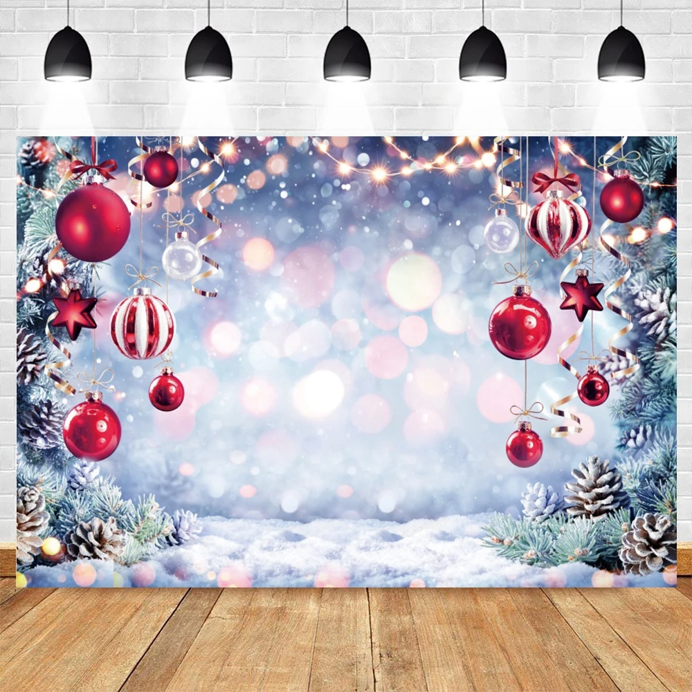 Merry Christmas Backdrop Winter Snowflake Shining Bokeh Glitter Star New Year Red Xmas Ball Kids Portrait Photography Background photo backdrop