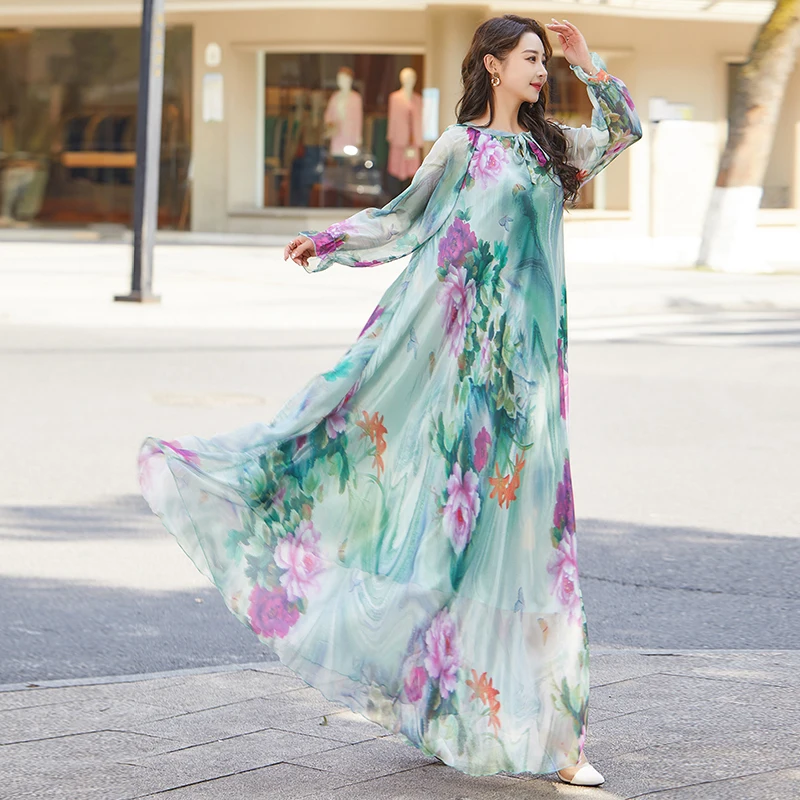 

Plus Size Long Sleeve Bohemia Floral Beach Wedding Bridesmaid Dress Summer Casual Loose Boho Chiffon Photographic Sundress