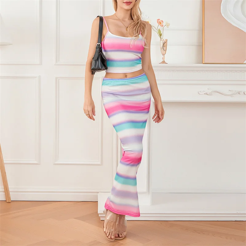 

Women Bodycon Summer Outfits Multi-color Stripes Sleeveless Backless Sling Crop Tops + Wrap Long Skirt Sets Club Streetwear