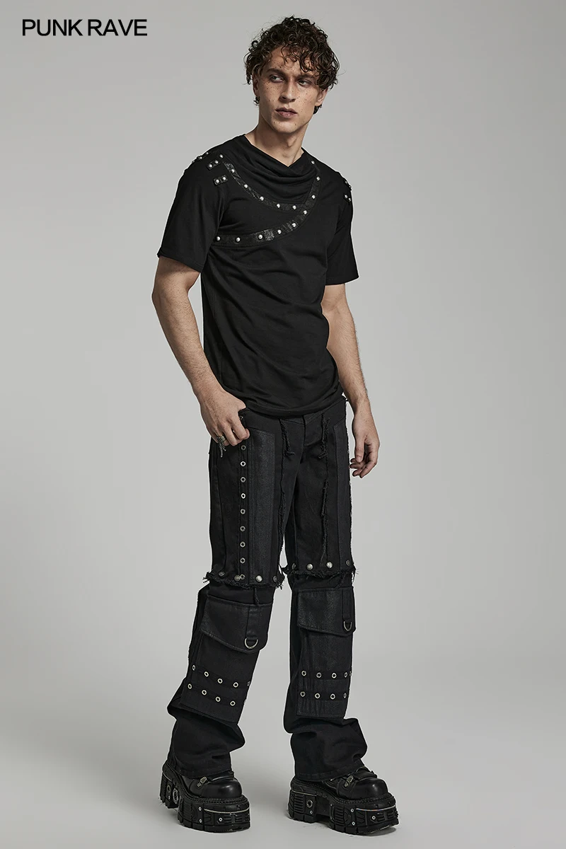 PUNK RAVE Men's Punk Daily Asymmetric Drop Collar Cracked