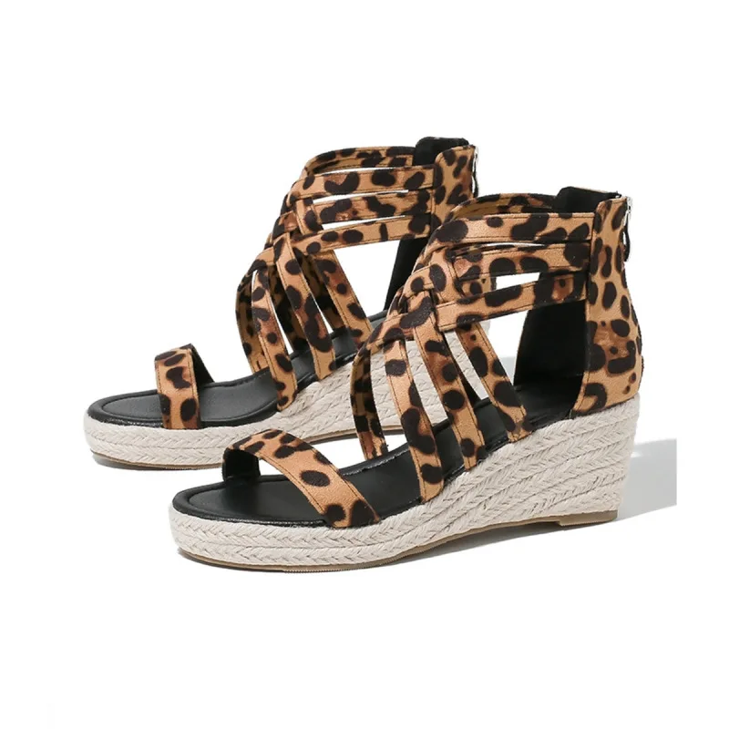 

New Summer Women's Wedge Sandals Thick-soled High-heeled Sandals Open-toe Leopard Print Straw Hemp Rope Sole Large Size Shoes