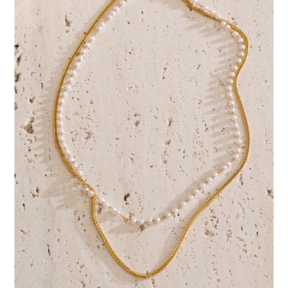 Yhpup Simulated Pearls Double-Layer Chain Overlay Necklace Stainless Steel