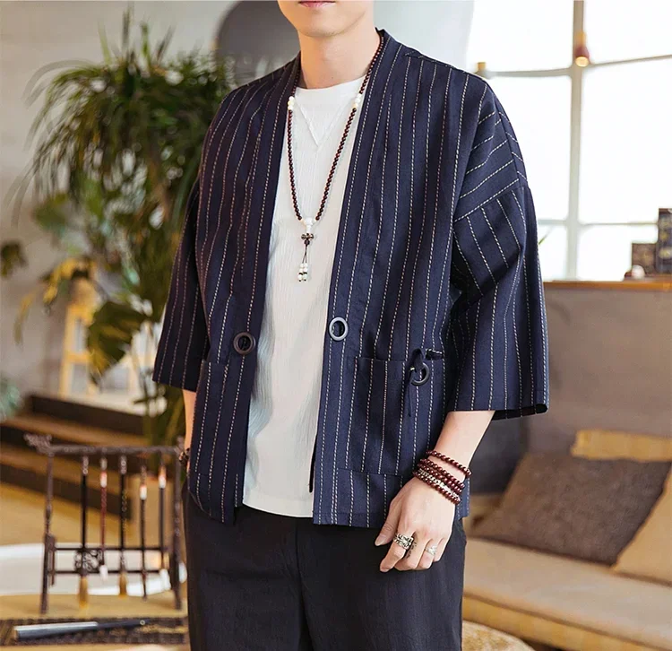 Men's Chinese Style Cotton Linen 3/4 Sleeve Shirt Striped Hanfu Tang Tops Loose Robe Gown Jacket Retro Coat