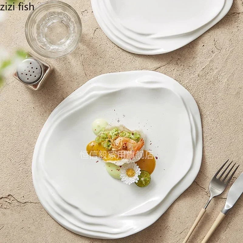 Pure White Water Ripple Ceramic Dining Plate Restaurant Creative Dessert Plate Pasta Snack Plates Specialty Tableware